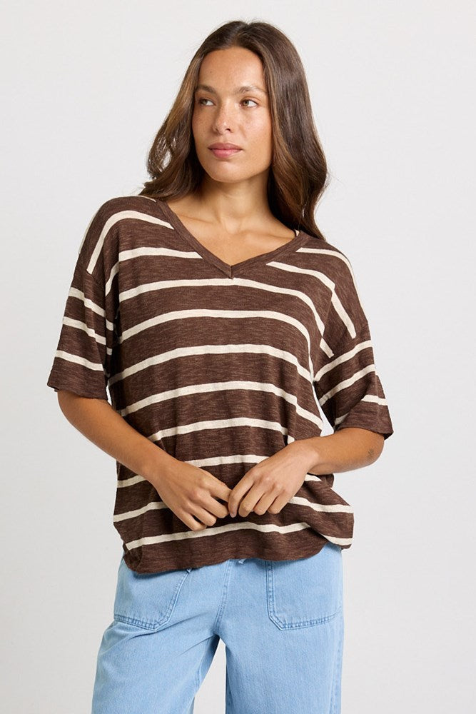 Image of a model wearing Tops. Product name - Aries V-Neck Knit Top Chocolate in Chocolate colour by brand - Betty Basics