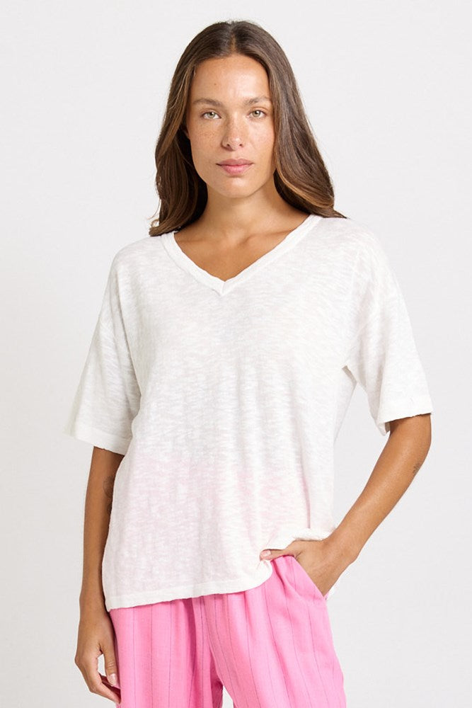 Image of a model wearing Tops. Product name - Aries V-Neck Knit Top White in White colour by brand - Betty Basics