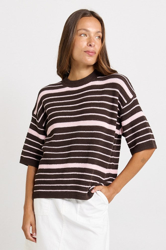 Image of a model wearing Tops. Product name - Dylan Knit Tee Chocolate/Pink Stripe in Chocolate/Pink Stripe colour by brand - Betty Basics