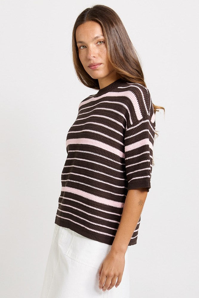 Betty Basics Dylan Knit Tee (Chocolate/Pink Stripe)