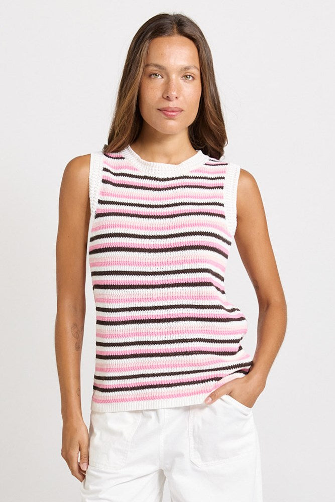 Image of a model wearing Tops. Product name - Roni Knit Tank Chocolate/Pink Combo in Chocolate/Pink Combo colour by brand - Betty Basics