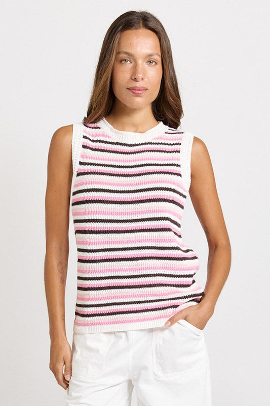 Image of a model wearing Tops. Product name - Roni Knit Tank Chocolate/Pink Combo in Chocolate/Pink Combo colour by brand - Betty Basics