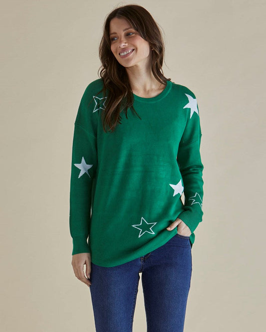 Image of a model wearing Outerwear. Productname: Betty Basics Sophie Knit Jumper Green Stars in Green Stars colour by brand - Betty Basics
