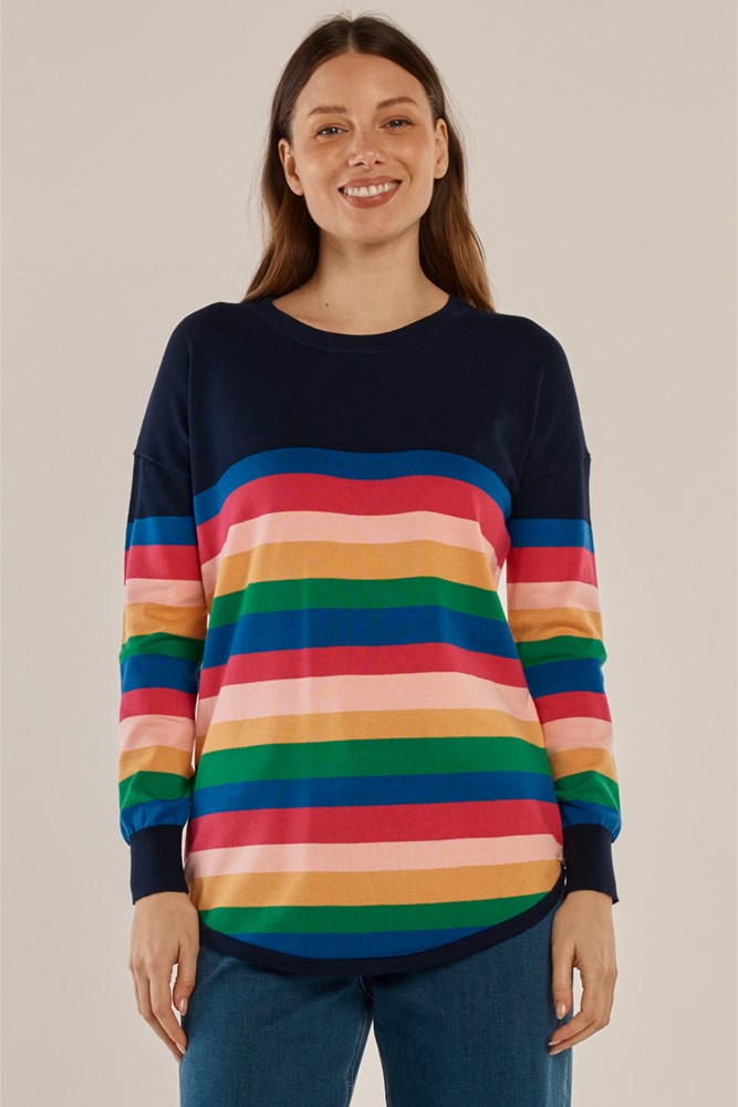 Image of a model wearing Outerwear. Product name - Sophie Knit Jumper Multi Stripe in Multi Stripe colour by brand - Betty Basics