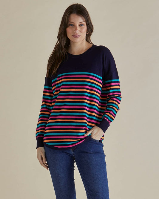 Image of a model wearing Outerwear. Productname: Betty Basics Sophie Knit Jumper Rainbow in Rainbow colour by brand - Betty Basics