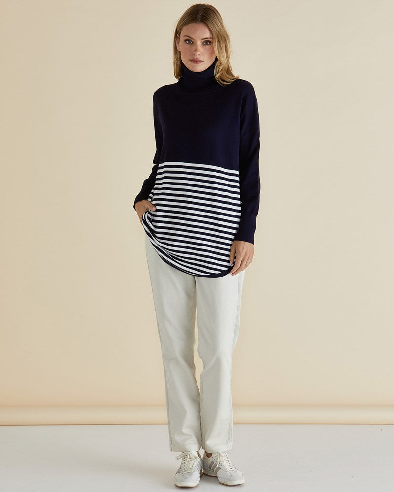 Betty Basics Fleur Roll Neck Jumper Navy Stripe (Navy Stripe Splice)