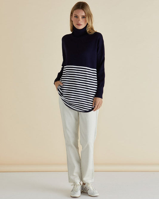 Betty Basics Fleur Roll Neck Jumper Navy Stripe (Navy Stripe Splice)