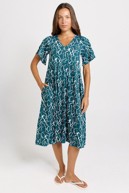 Image of Dresses. Product name - Donna Flutter Sleeve Midi Dress Teal Petal Print in Teal Petal Print colour by brand - Betty Basics