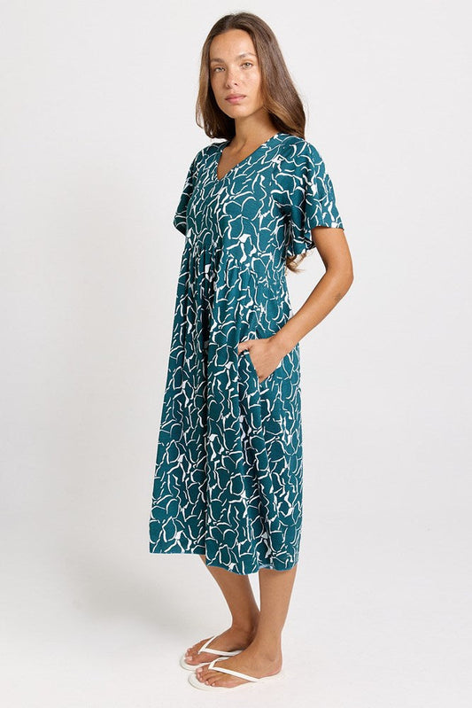 Betty Basics Donna Flutter Sleeve Midi Dress (Teal Petal Print)