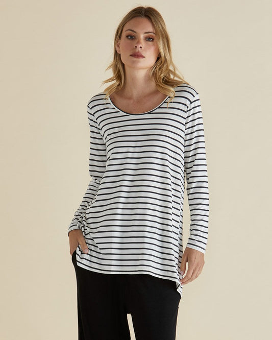 Image of a model wearing Outerwear. Productname: Betty Basics Cairo Tunic Tee Petrol Stripe in Petrol Stripe colour by brand - Betty Basics