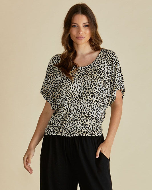 Image of a model wearing Tops. Productname: Betty Basics Maui Tee Cheetah in Cheetah colour by brand - Betty Basics