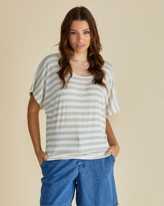 Image of a model wearing Tops. Productname: Betty Basics Maui Tee Gold Stripe in Gold Stripe colour by brand - Betty Basics