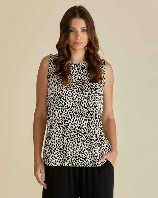 Image of a model wearing Tops. Productname: Betty Basics Positano Tank Cheetah in Cheetah colour by brand - Betty Basics