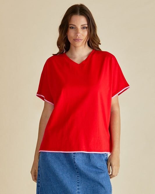 Image of a model wearing Tops. Productname: Betty Basics Avalon Tee Red in Red colour by brand - Betty Basics