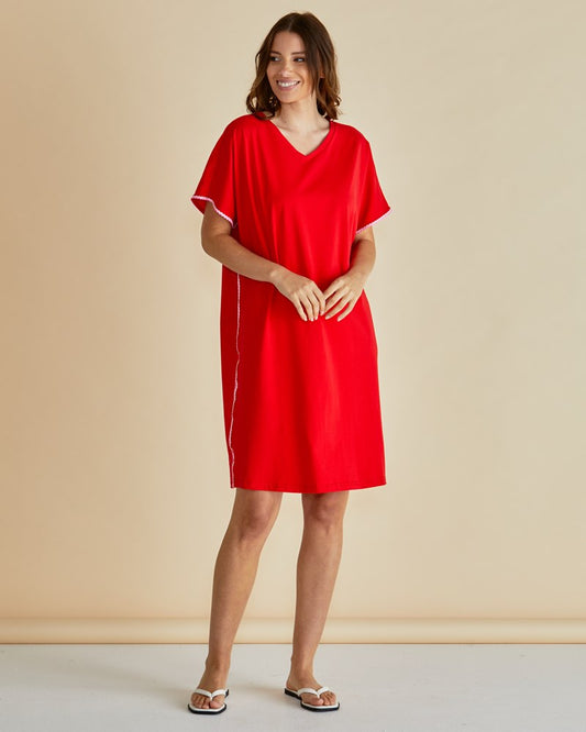 Image of a model wearing Tops. Productname: Betty Basics Stellar T-Shirt Dress Red in Red colour by brand - Betty Basics