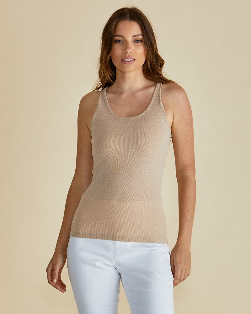 Image of a model wearing Tops. Productname: Betty Basics Tiana Tank Beige in Beige colour by brand - Betty Basics