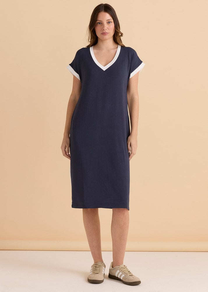 Image of a model wearing Tops. Productname: Betty Basics Tula T-Shirt Dress Petrol/White in Petrol/White colour by brand - Betty Basics