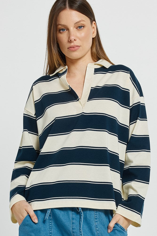 Image of a model wearing Tops. Product name - Roland Rugby Top Navy/Off White in Navy/Off-White colour by brand - Betty Basics