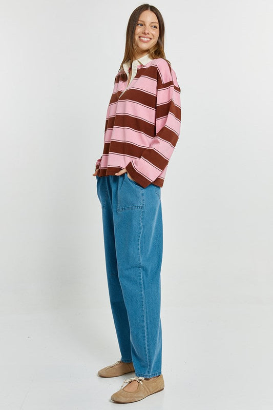 Betty Basics Roland Rugby Top (Pink/Choc)
