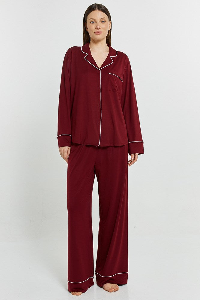 Image of Sleepwear & Loungewear. Productname: Betty Cares Long Set Plum in Plum colour by brand - Betty Basics