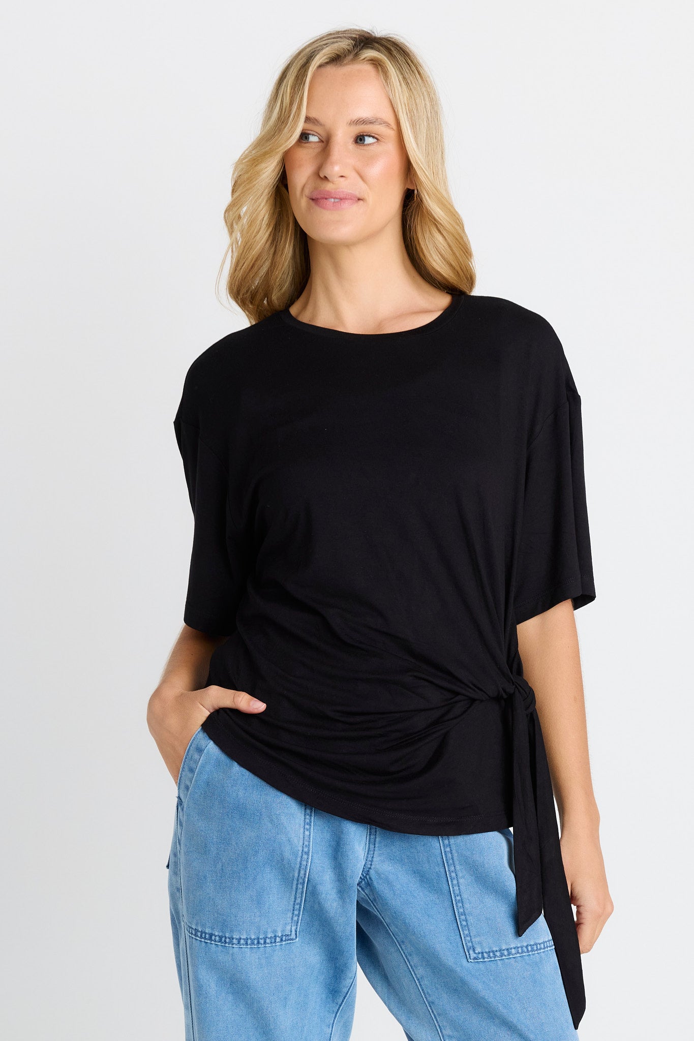 Image of T-Shirts. Product name - Knot Tee Black in Black colour by brand - Betty Basics