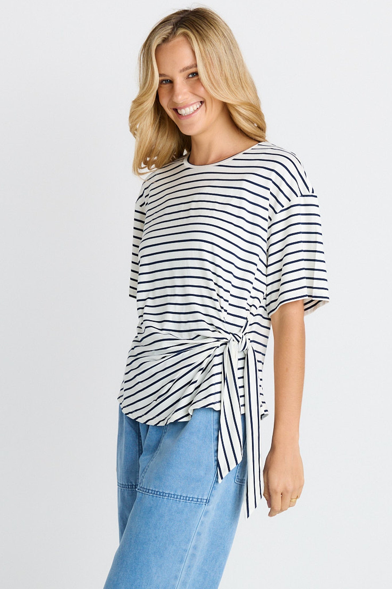 Betty Basics Knot Tee (White/Navy Stripe)