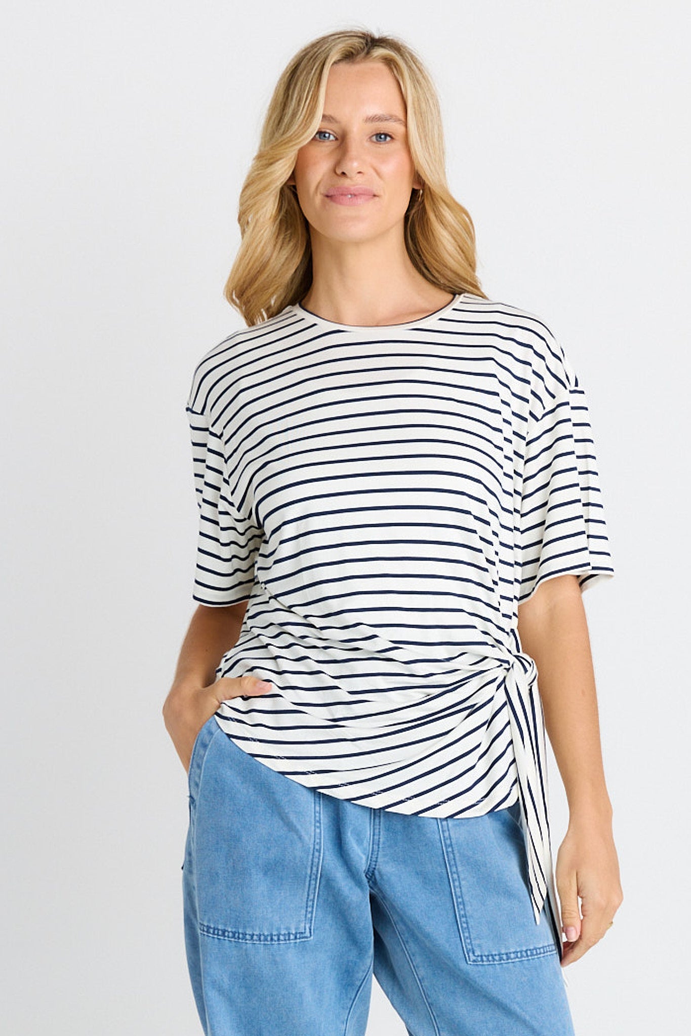 Image of T-Shirts. Product name - Knot Tee White/Navy Stripe in White/Navy Stripe colour by brand - Betty Basics