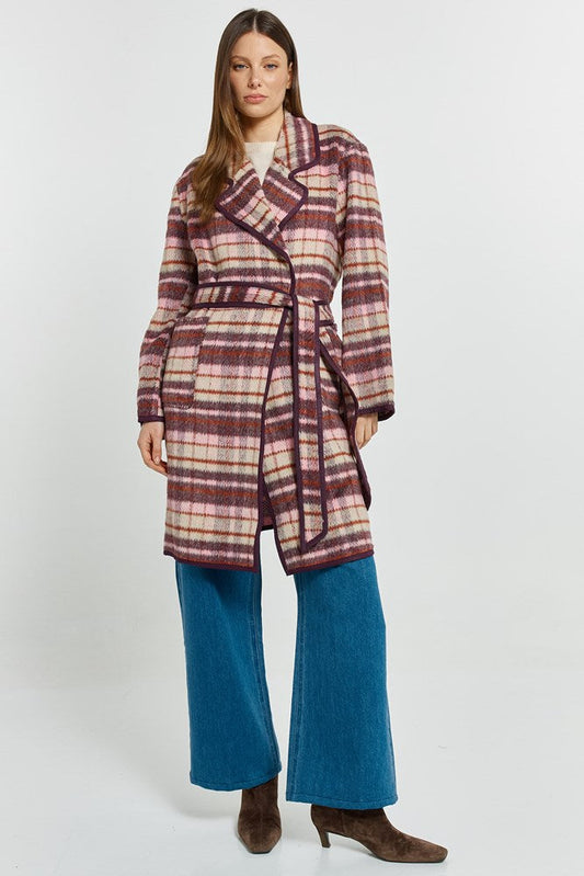 Image of a model wearing Outerwear. Product name - Sundae Coat Wine Check in Wine Check colour by brand - Betty Basics