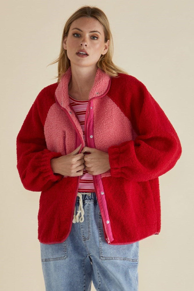 Image of Coats & Jackets. Product name - Franklin Fleecy Jacket Pink/Red in Pink/Red colour by brand - Betty Basics