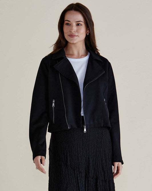 Image of a model wearing Outerwear. Productname: Betty Basics Aurora Ponte Biker Jacket Black in Black colour by brand - Betty Basics