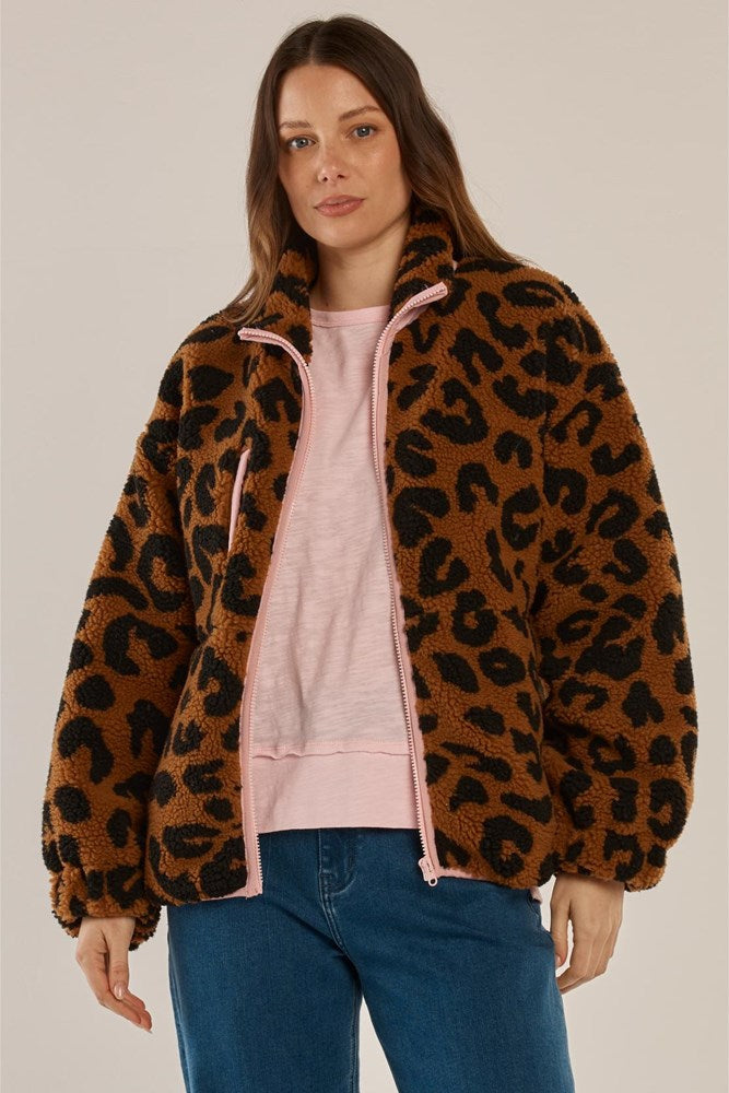 Image of a model wearing Outerwear. Productname: Betty Basics Jayne Fleece Jacket Animal/Pink in Animal/Pink colour by brand - Betty Basics