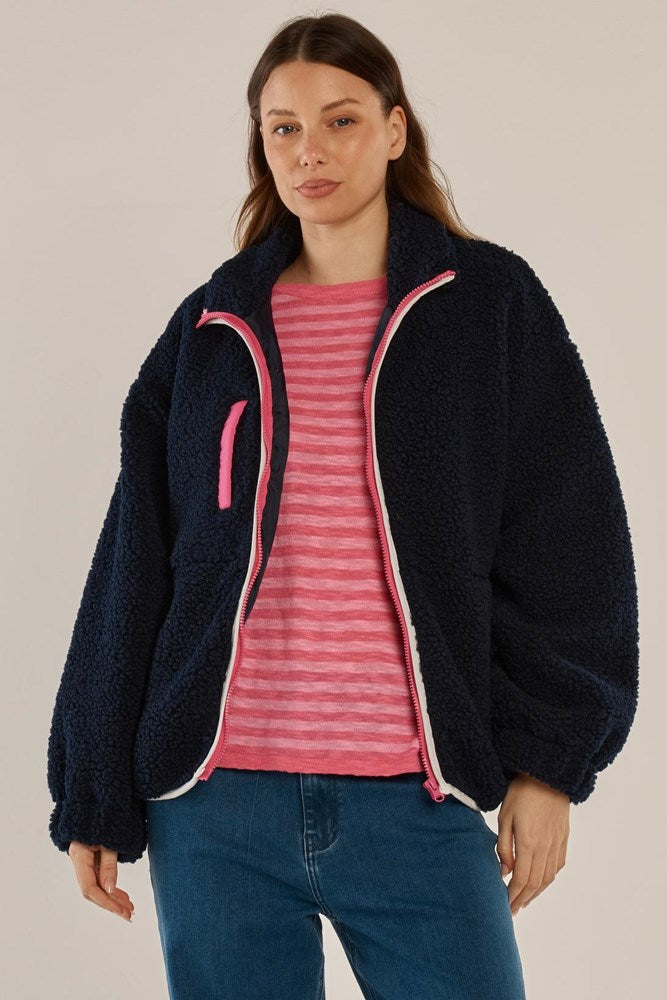 Image of a model wearing Outerwear. Productname: Betty Basics Jayne Fleece Jacket Navy/White in Navy/White colour by brand - Betty Basics