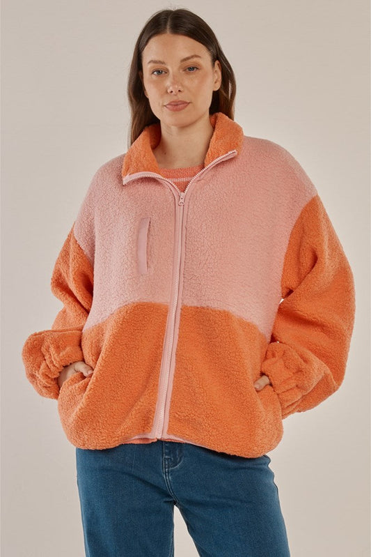 Image of a model wearing Outerwear. Productname: Betty Basics Jayne Fleece Jacket Pink/Orange in Pink/Orange colour by brand - Betty Basics