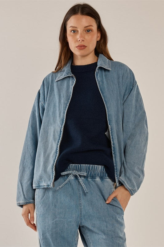 Image of a model wearing Outerwear. Productname: Betty Basics Callie Bomber Jacket Medium Blue in Medium Blue colour by brand - Betty Basics