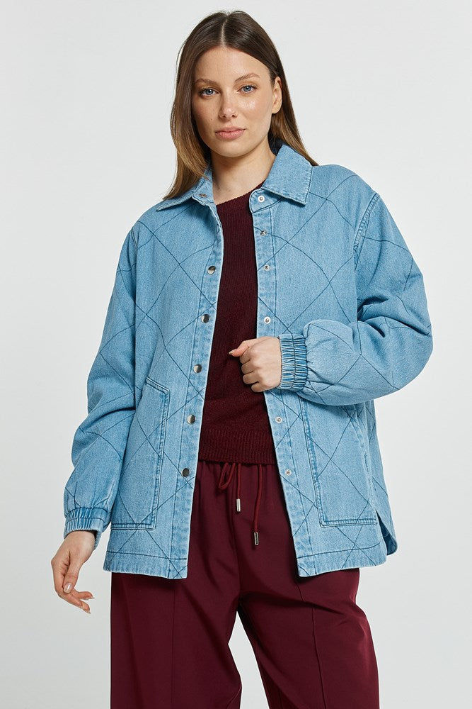 Image of a model wearing Outerwear. Product name - Quest Quilted Jacket m- Blue Wash in Blue Wash colour by brand - Betty Basics