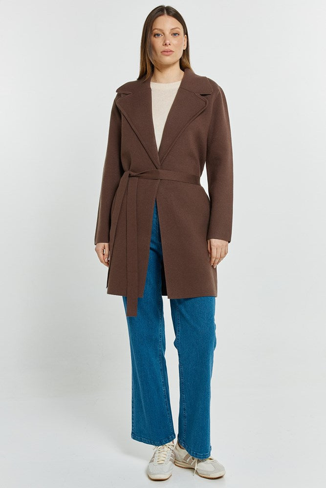 Image of a model wearing Outerwear. Product name - Tahlia Coatigan Nutmeg in Nutmeg colour by brand - Betty Basics