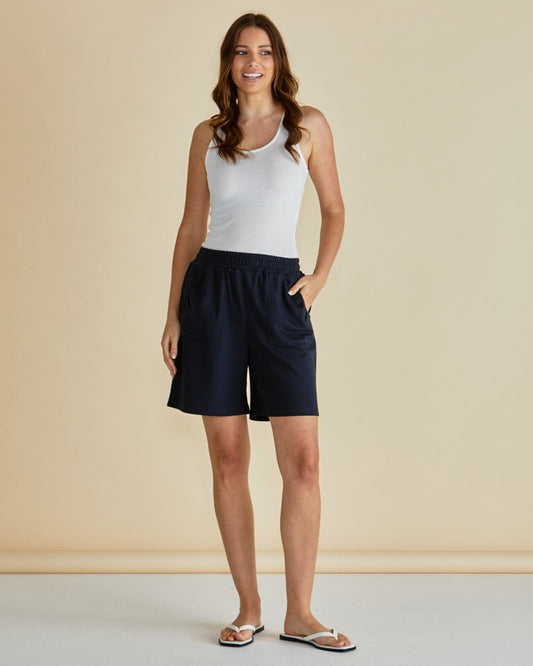 Image of a model wearing Shorts. Productname: Betty Basics Harvard Short Blue in Blue colour by brand - Betty Basics