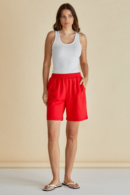 Image of a model wearing Shorts. Productname: Betty Basics Harvard Short Red in Red colour by brand - Betty Basics