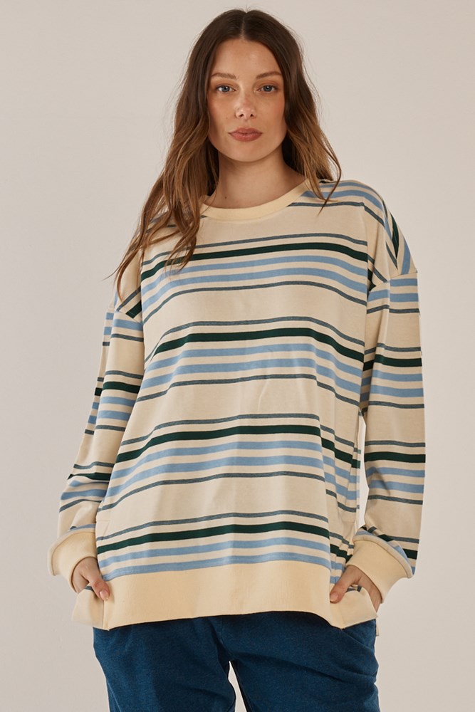 Image of a model wearing Outerwear. Productname: Betty Basics Easy Crew Sweat Blue/Green Stripe in Blue/Green Stripe colour by brand - Betty Basics