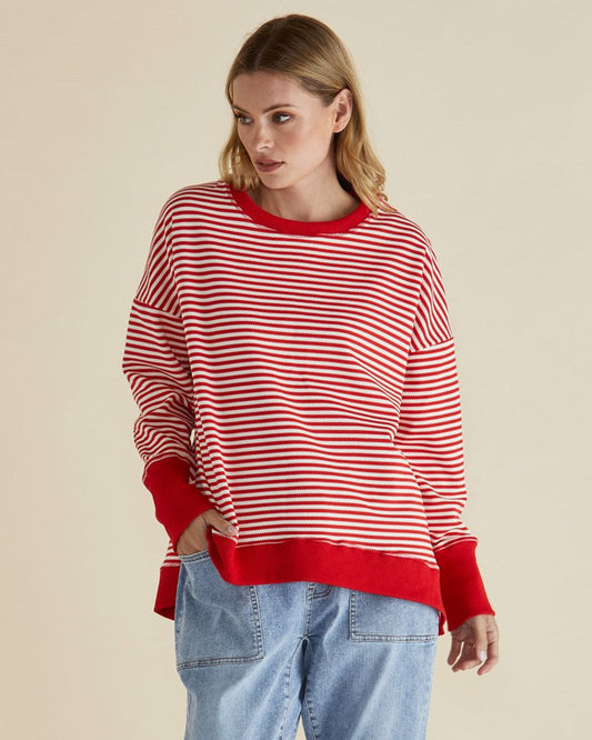 Image of a model wearing Outerwear. Productname: Betty Basics Cove Sweat Red Stripe in Red Stripe colour by brand - Betty Basics