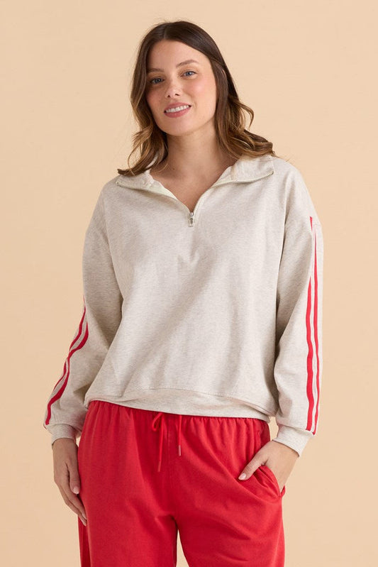 Image of a model wearing Outerwear. Productname: Betty Basics Rocco Quarter Zip Sweatshirt Grey Marle in Grey Marle colour by brand - Betty Basics