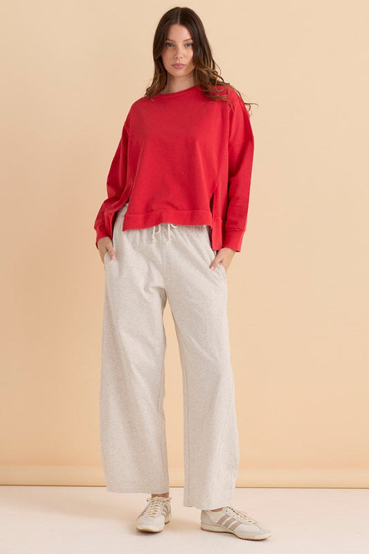 Image of a model wearing Pants. Productname: Betty Basics Barrel Leg Sweatpant Grey Marle in Grey Marle colour by brand - Betty Basics