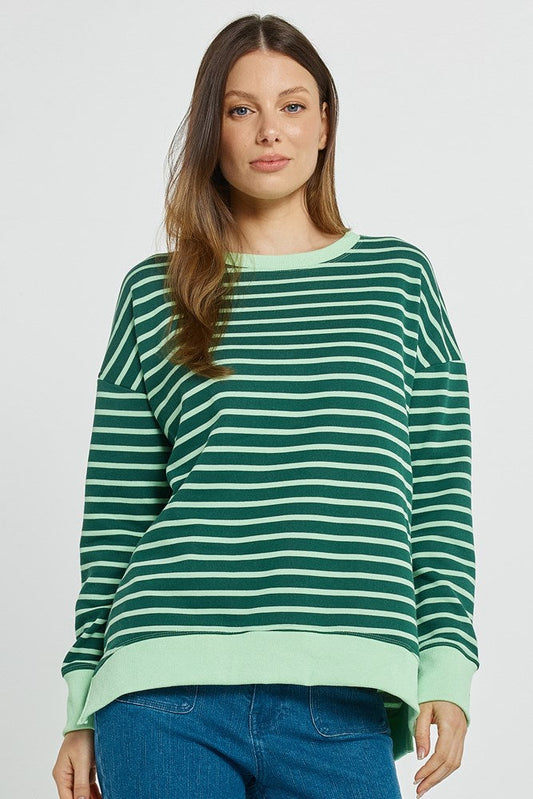 Image of a model wearing Outerwear. Product name - Tide Sweatshirt Dark Green/Green Strip in Darkgreen/Green Stripe colour by brand - Betty Basics