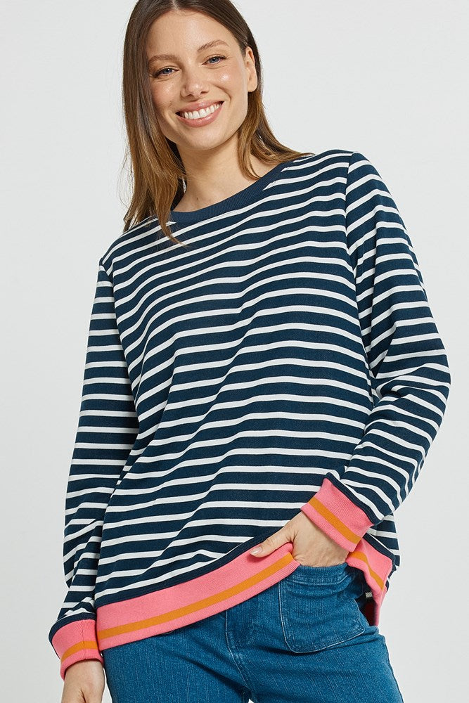 Image of a model wearing Outerwear. Product name - Tyra Sweat Navy/White Stripe in Navy/White Stripe colour by brand - Betty Basics