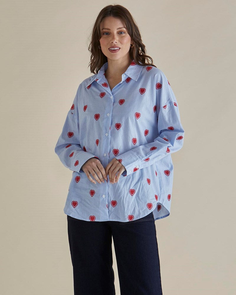Betty Basics Sage Shirt (Blue Heart Stripe)