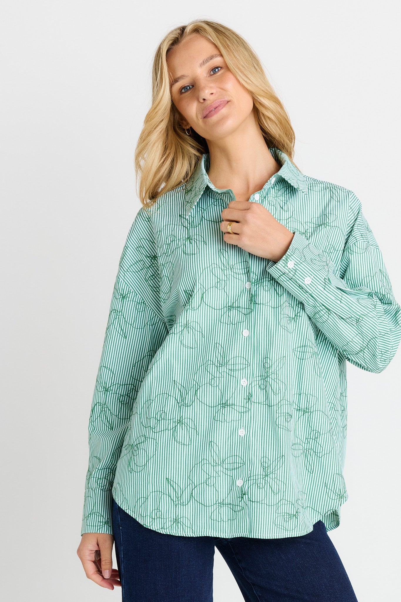 Image of Shirts. Product name - Sage Shirt Green Stripe in Green Stripe colour by brand - Betty Basics