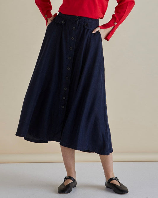 Image of a model wearing Skirts. Productname: Betty Basics Lola Lyocell Skirt Dark Vintage Blue in Dark Vintage Blue colour by brand - Betty Basics