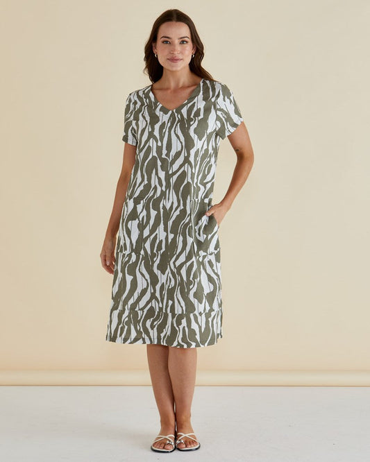 Image of Dresses. Productname: Betty Basics Elwood Dress Olive Geometric Print in Olive Geometric Print colour by brand - Betty Basics