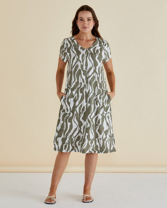 Betty Basics Elwood Dress (Olive Geometric Print)