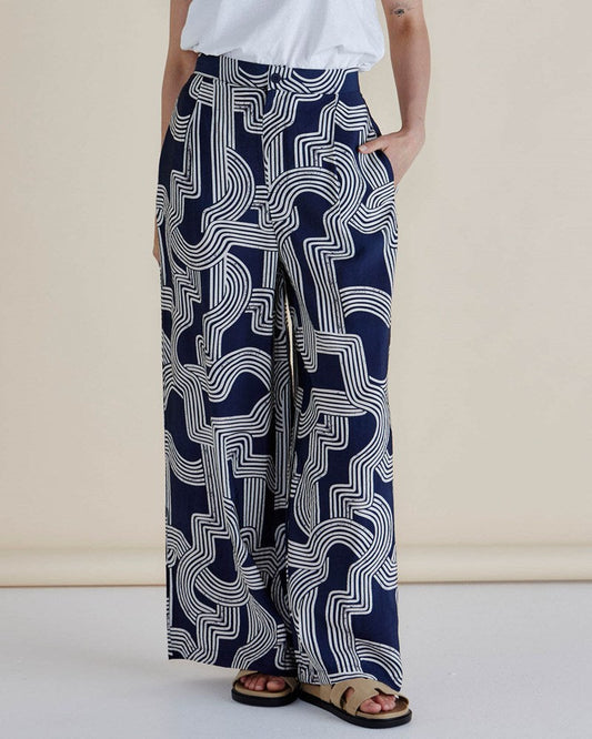 Image of a model wearing Pants. Productname: Betty Basics Zander Pant Navy Geo in Navy Geo colour by brand - Betty Basics